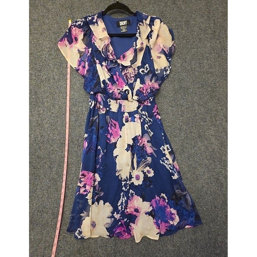 DKNY Dress Womens 12P Blue Floral V Neck Short Sleeve Ruffle Chiffon Fit & Flare